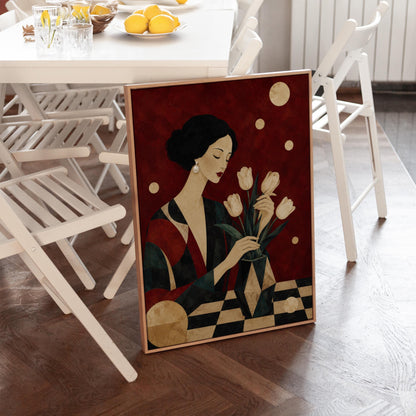Elegant woman arranging pale cream tulips in a dark geometric vase, canvas print hanging in a calm, modern living space