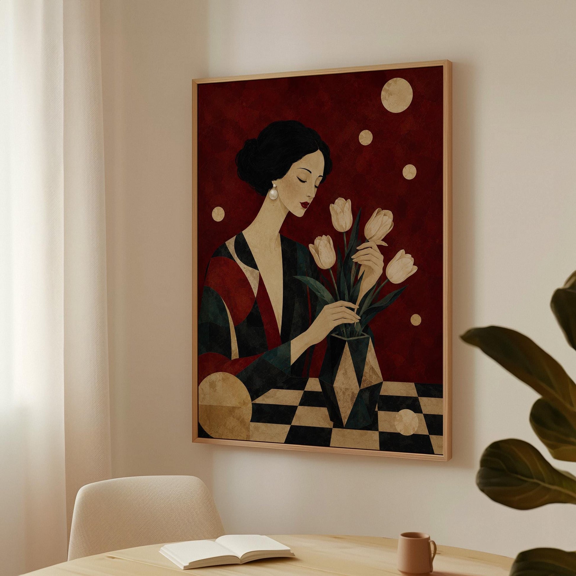 Elegant woman arranging pale cream tulips in a dark geometric vase, canvas print styled against a soft white wall
