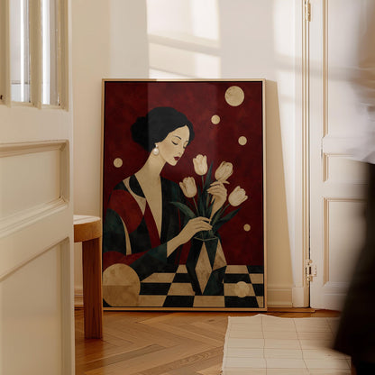 Elegant woman arranging pale cream tulips in a dark geometric vase, canvas print shown to scale in a furnished room