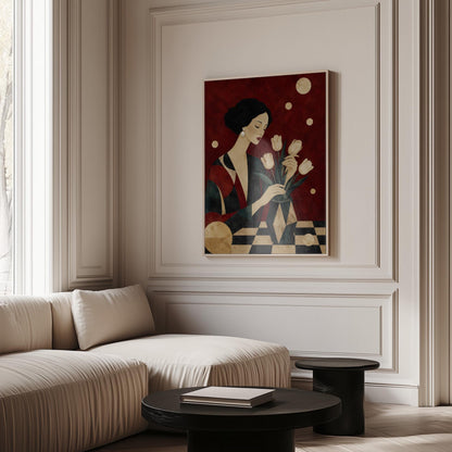 Elegant woman arranging pale cream tulips in a dark geometric vase, canvas print shown in a sunlit, contemporary room