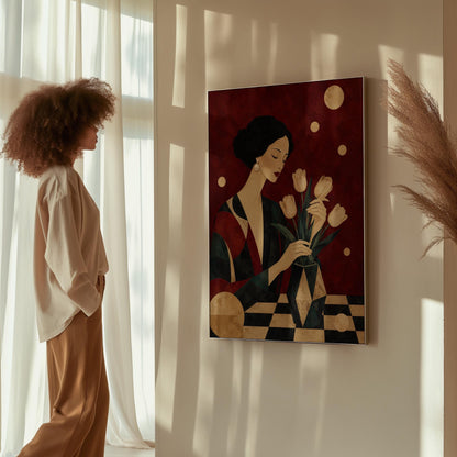 Elegant woman arranging pale cream tulips in a dark geometric vase, canvas wall art on a quiet wall in a considered interior