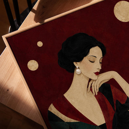 Elegant woman seated with a sleek black cat curled against her arm, canvas print in a warm, minimally styled interior