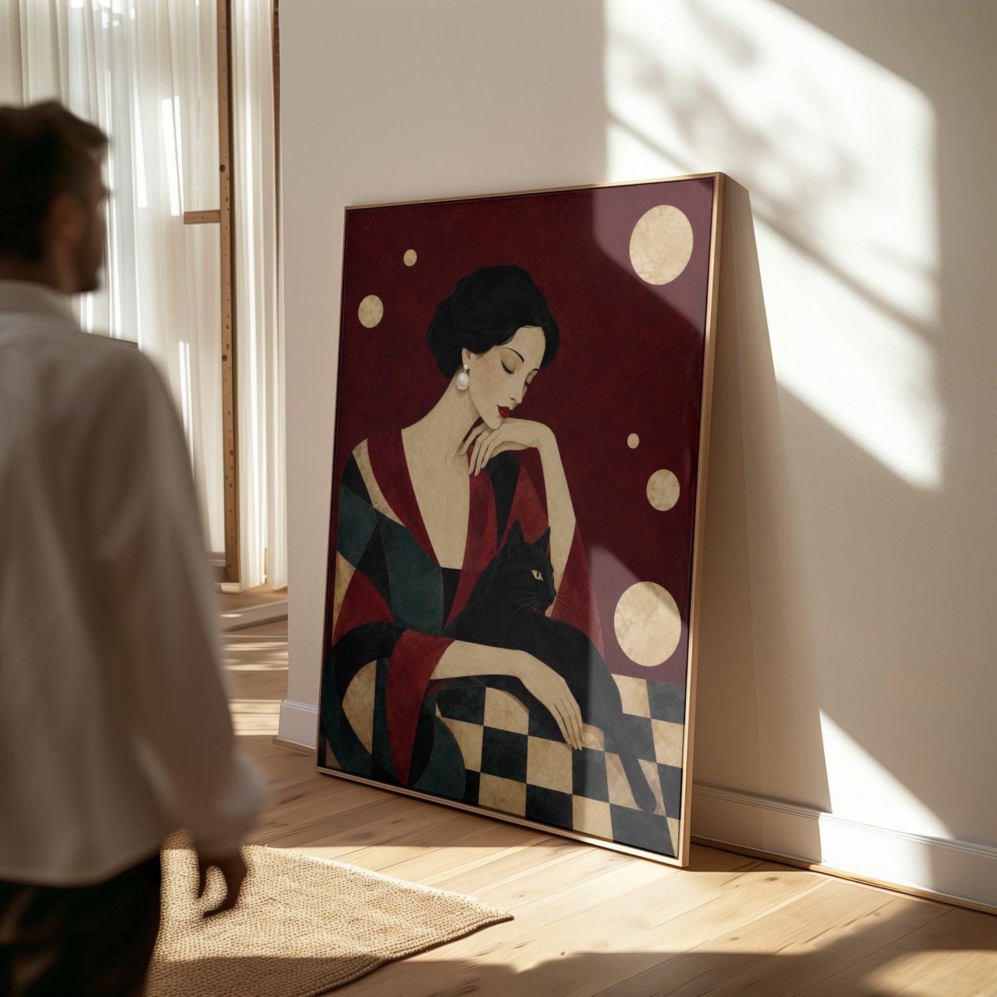 Elegant woman seated with a sleek black cat curled against her arm, canvas print styled against a soft white wall