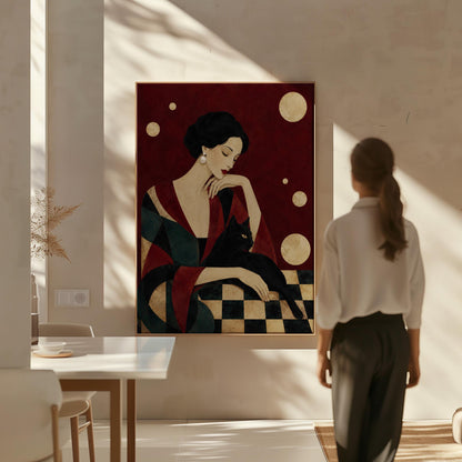 Elegant woman seated with a sleek black cat curled against her arm, canvas print on a quiet wall in a considered interior