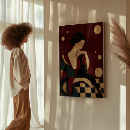 Elegant woman seated with a sleek black cat curled against her arm, canvas print shown to scale in a furnished room