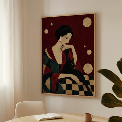 Elegant woman seated with a sleek black cat curled against her arm, canvas print shown in a sunlit, contemporary room