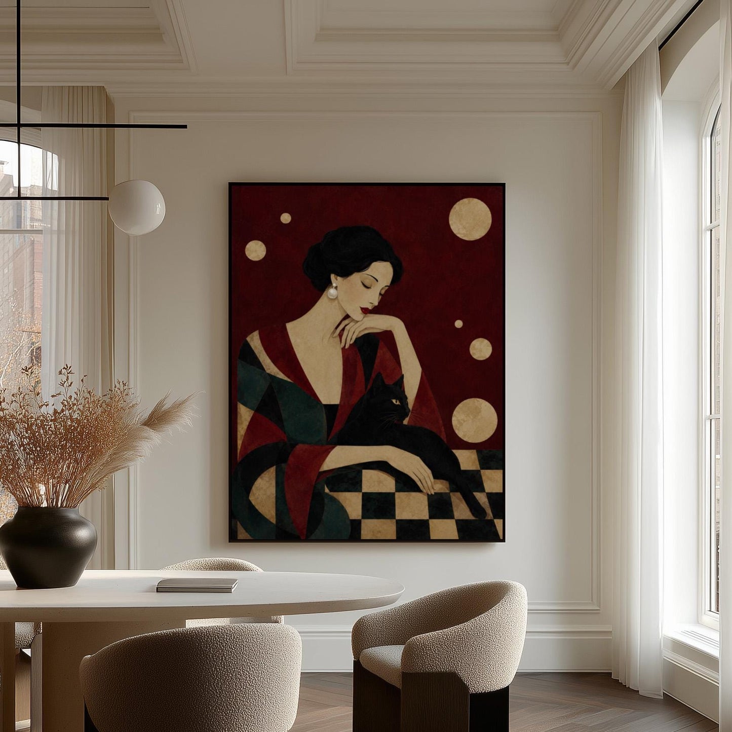 Elegant woman seated with a sleek black cat curled against her arm, canvas wall art styled against a soft white wall