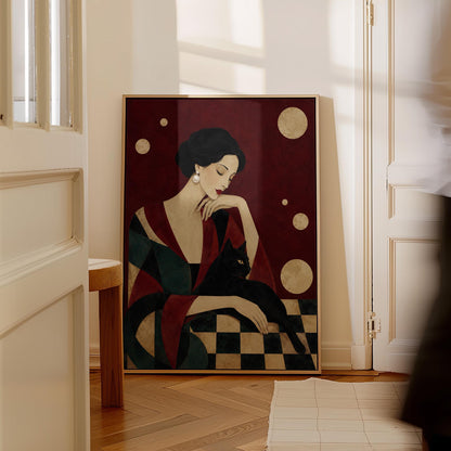 Elegant woman seated with a sleek black cat curled against her arm, canvas print seen in a warm interior with natural light