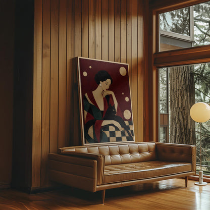 Elegant woman seated with a sleek black cat curled against her arm, canvas wall art presented in a light, minimal room