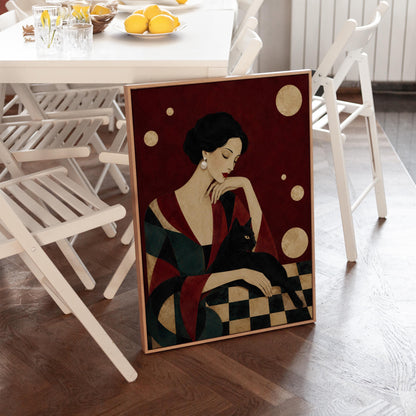 Elegant woman seated with a sleek black cat curled against her arm, canvas wall art on a quiet wall in a considered interior