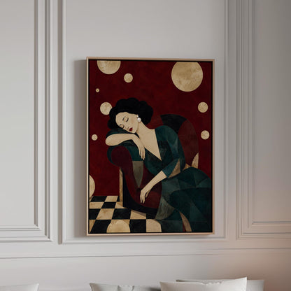 Dark haired woman asleep draped over the back of a deep red armchair, canvas print in a bright room with natural daylight