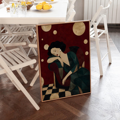 Dark haired woman asleep draped over the back of a deep red armchair, canvas print on a quiet wall in a considered interior