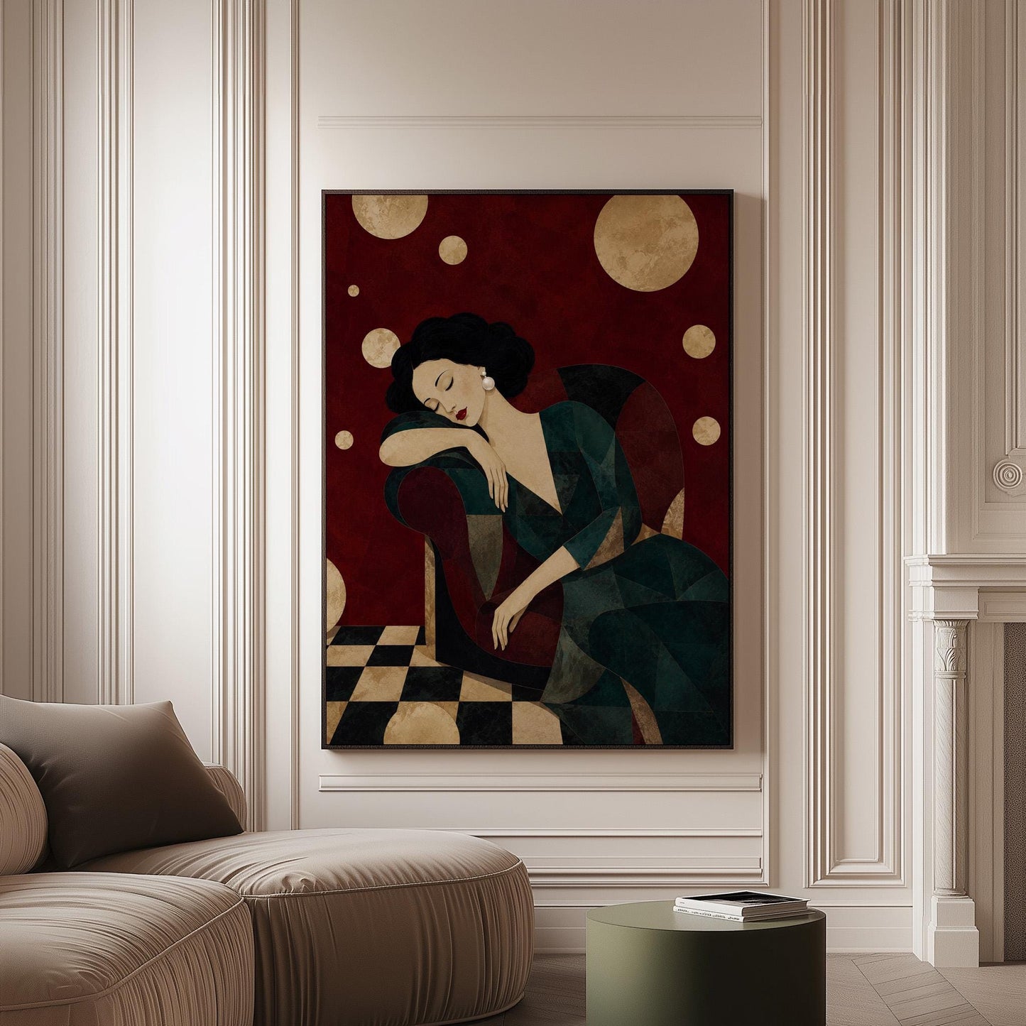 Dark haired woman asleep draped over the back of a deep red armchair, canvas print on a softly lit wall in a calm interior
