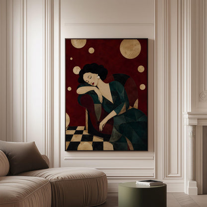 Dark haired woman asleep draped over the back of a deep red armchair, canvas print on a softly lit wall in a calm interior