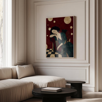 Dark haired woman asleep draped over the back of a deep red armchair, canvas wall art on a quiet wall in a considered interior