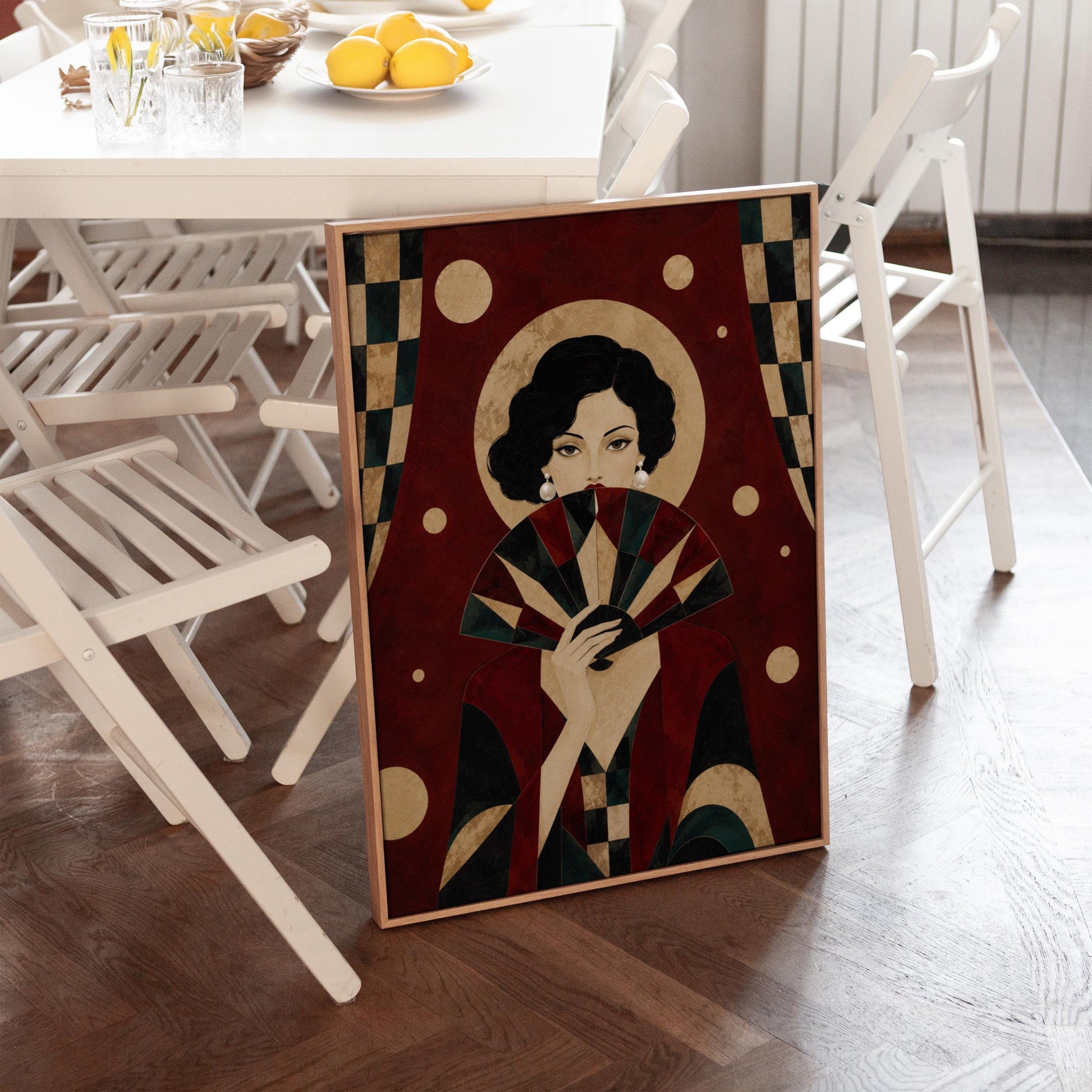 Woman holding a pleated fan to her chin inside a gold halo circle, canvas print styled against a soft white wall
