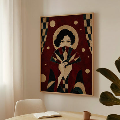Woman holding a pleated fan to her chin inside a gold halo circle, canvas print presented in a light, minimal room