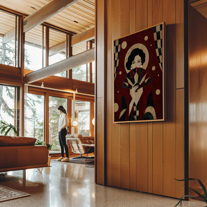 Woman holding a pleated fan to her chin inside a gold halo circle, canvas wall art hanging in a calm, modern living space