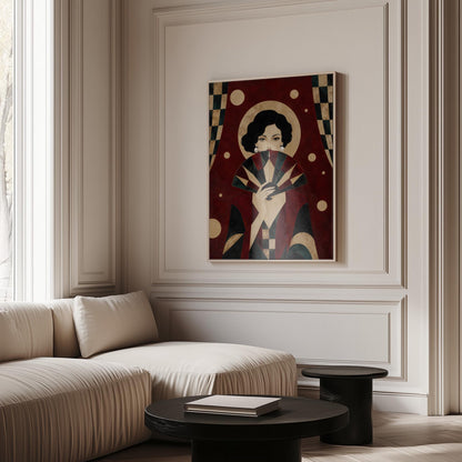 Woman holding a pleated fan to her chin inside a gold halo circle, canvas wall art presented in a light, minimal room
