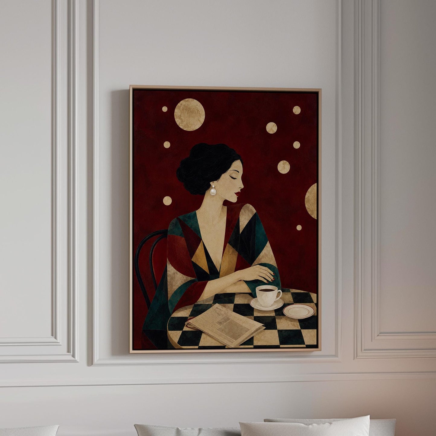Woman at a cafe table with coffee cup and folded newspaper, canvas print in a bright room with natural daylight