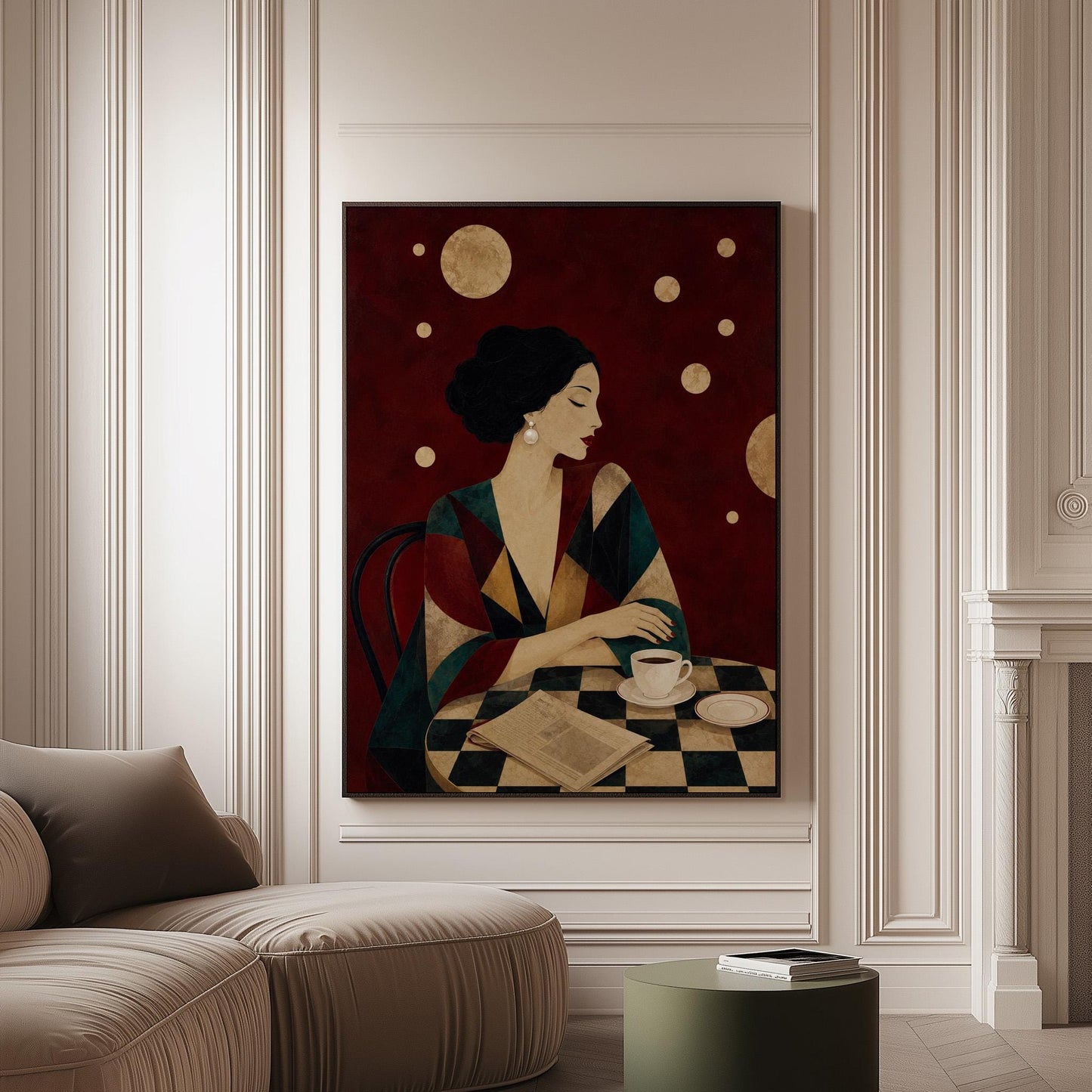 Woman at a cafe table with coffee cup and folded newspaper, canvas print on a softly lit wall in a calm interior
