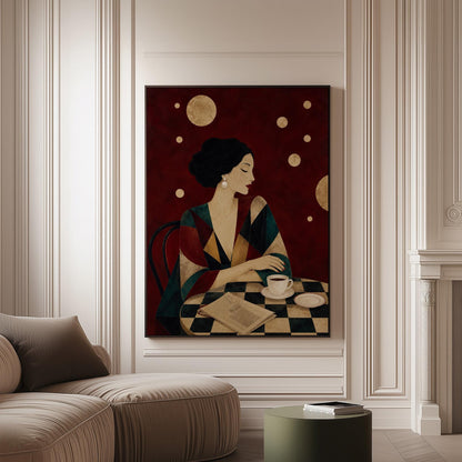 Woman at a cafe table with coffee cup and folded newspaper, canvas print on a softly lit wall in a calm interior
