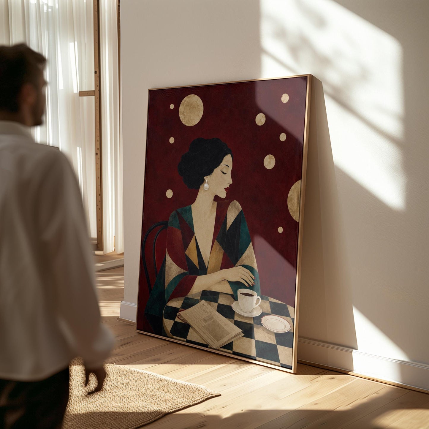 Woman at a cafe table with coffee cup and folded newspaper, canvas print presented in a light, minimal room