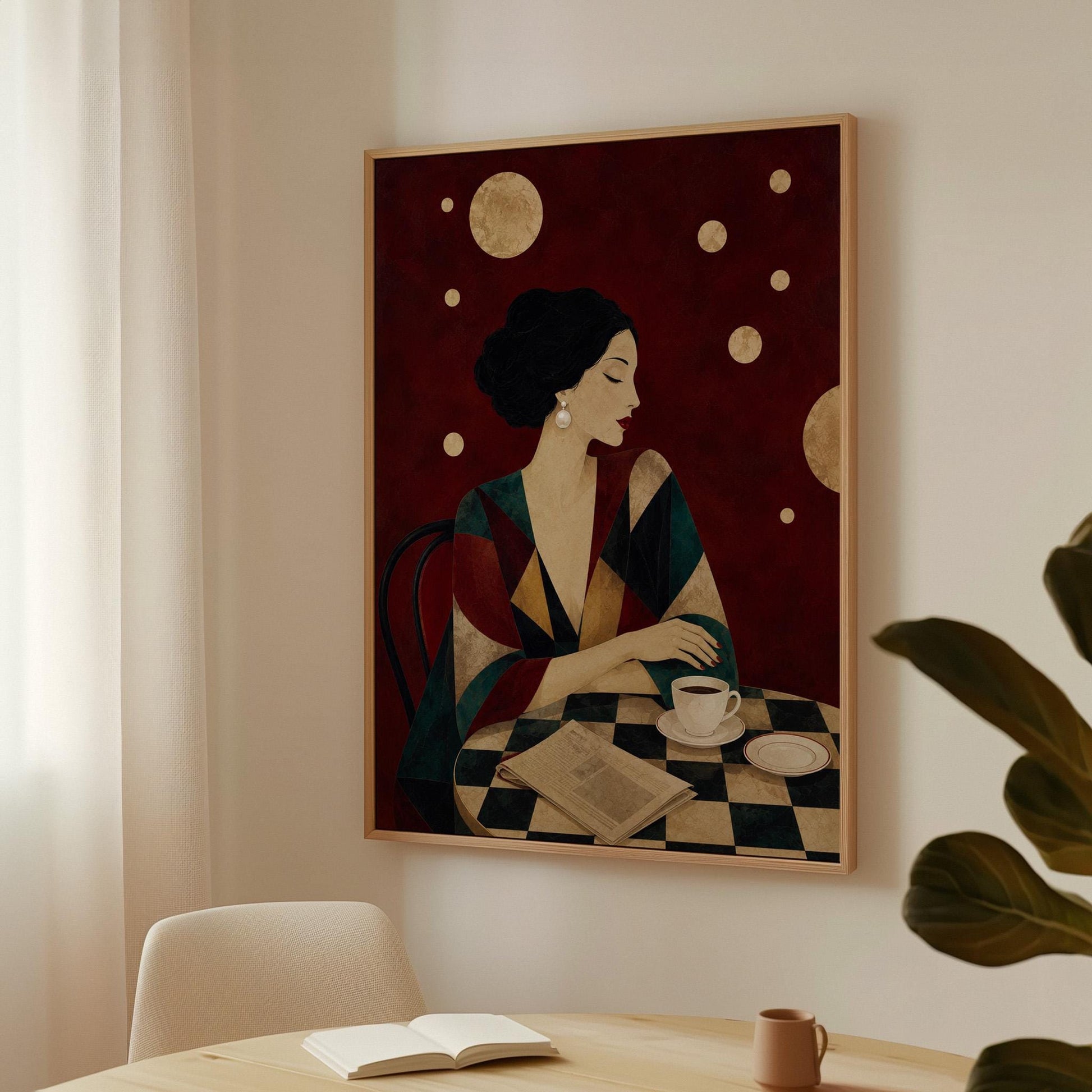 Woman at a cafe table with coffee cup and folded newspaper, canvas print on a quiet wall in a considered interior