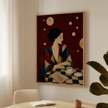 Woman at a cafe table with coffee cup and folded newspaper, canvas print on a quiet wall in a considered interior
