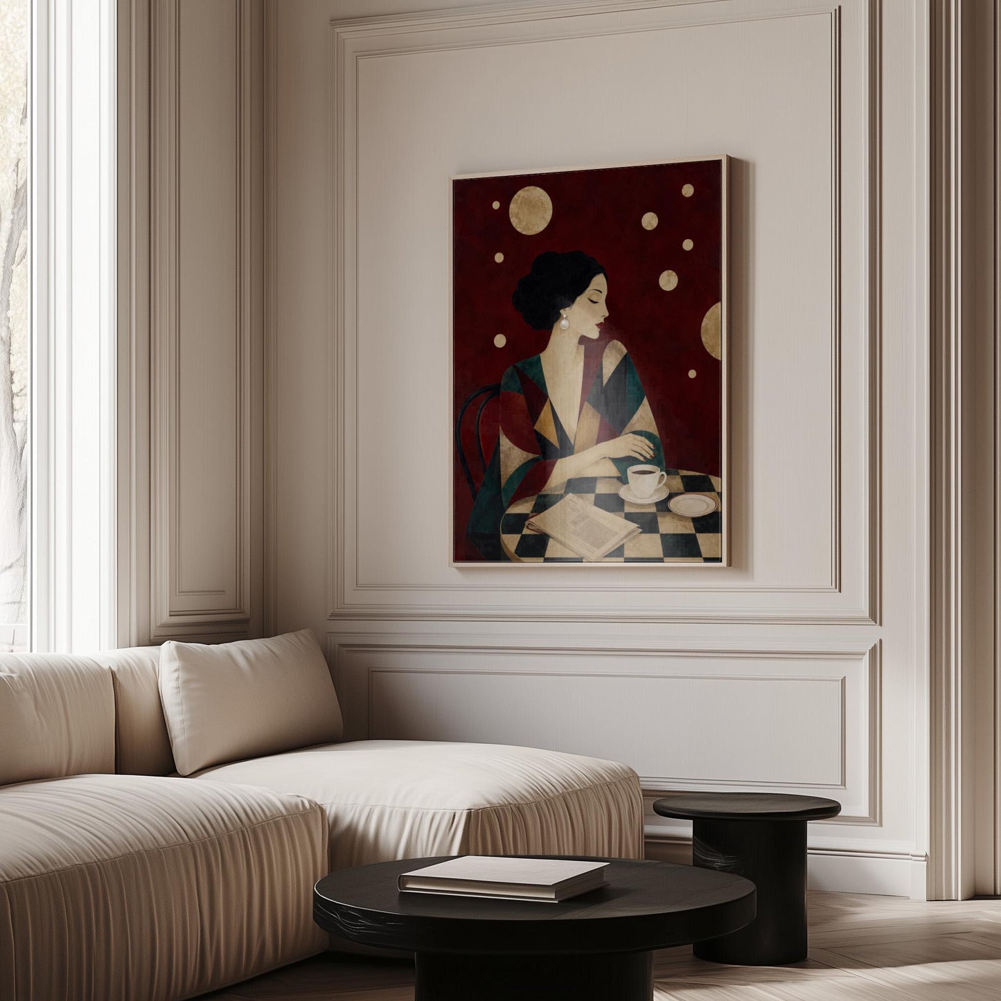Woman at a cafe table with coffee cup and folded newspaper, canvas print displayed on a neutral wall in a styled interior