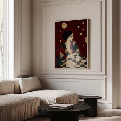 Woman at a cafe table with coffee cup and folded newspaper, canvas print displayed on a neutral wall in a styled interior