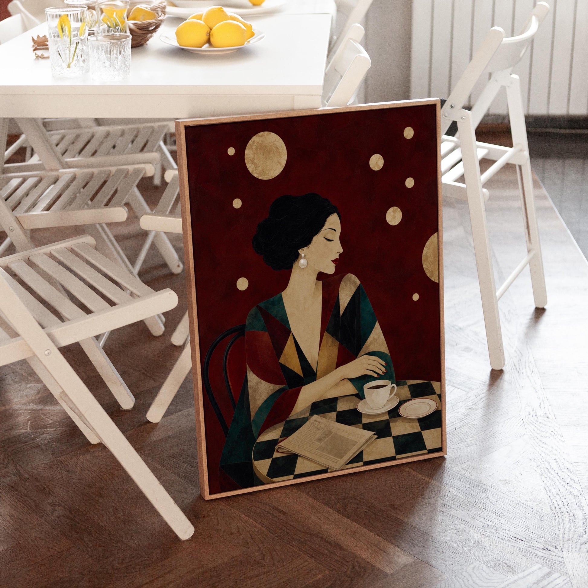 Woman at a cafe table with coffee cup and folded newspaper, canvas print shown in a sunlit, contemporary room