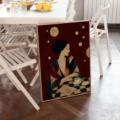 Woman at a cafe table with coffee cup and folded newspaper, canvas print shown in a sunlit, contemporary room