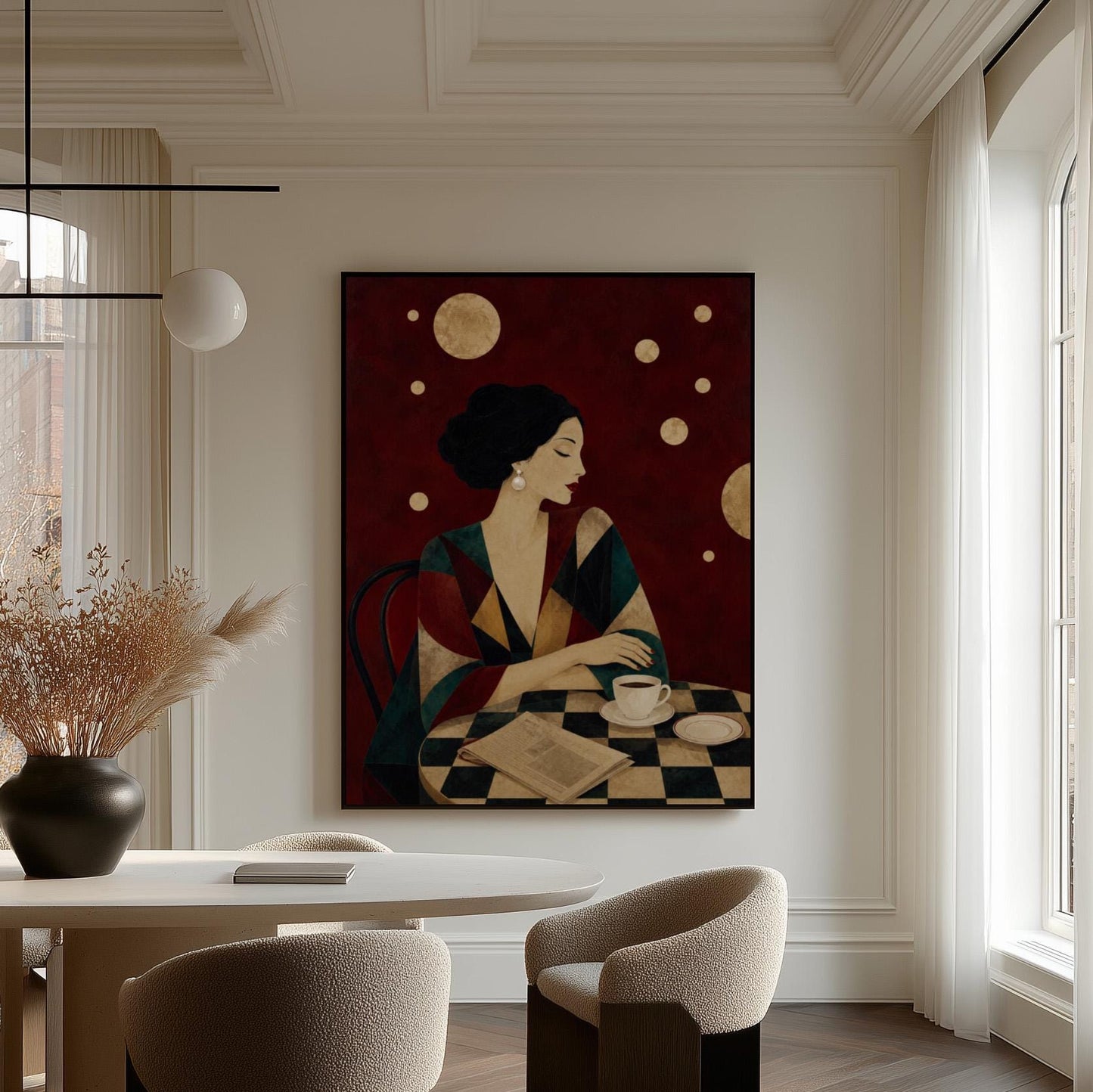 Woman at a cafe table with coffee cup and folded newspaper, canvas print hanging in a calm, modern living space