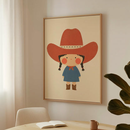 Little cowgirl with braids and rosy cheeks under an oversized red hat, canvas print styled against a soft white wall