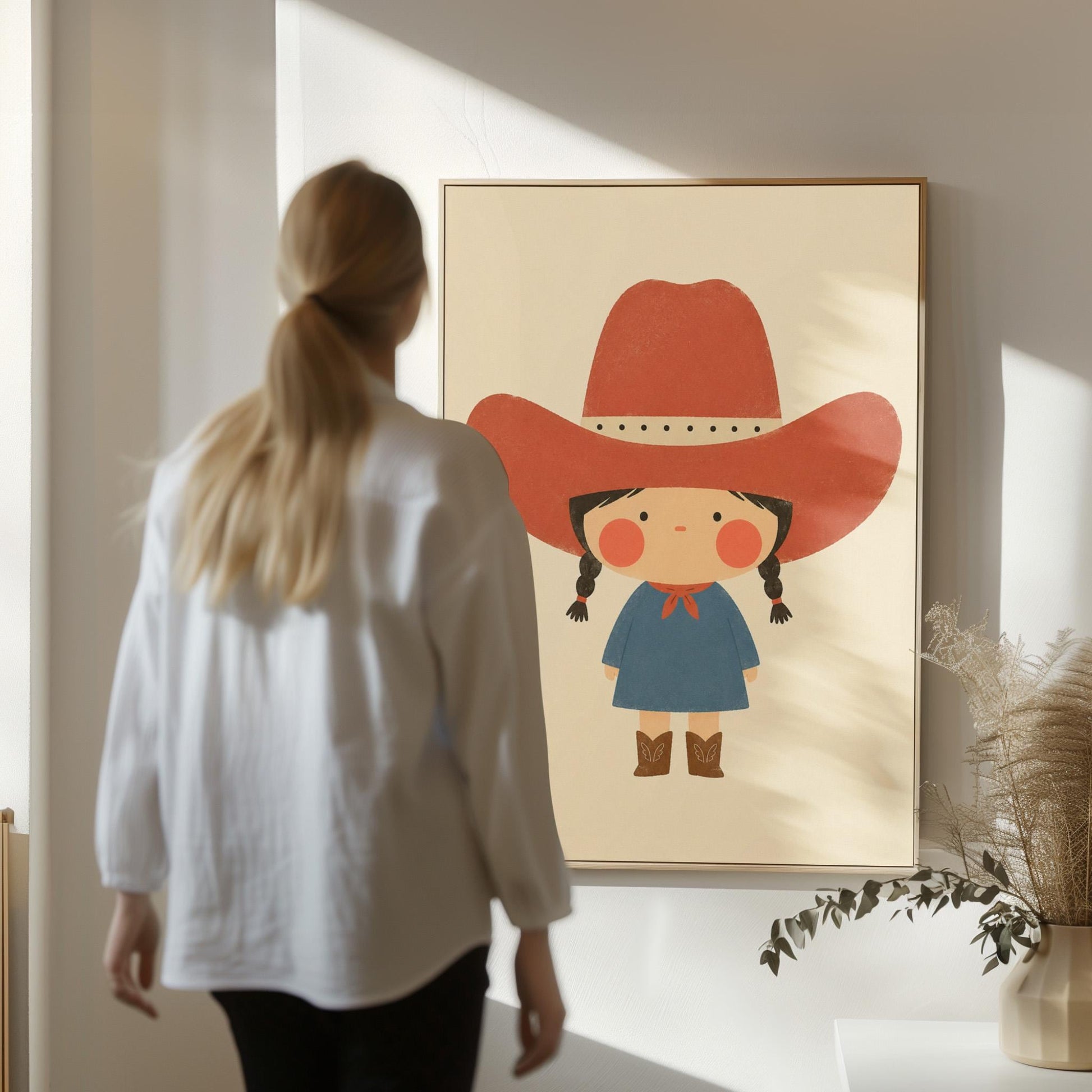 Little cowgirl with braids and rosy cheeks under an oversized red hat, canvas print seen in a warm interior with natural light