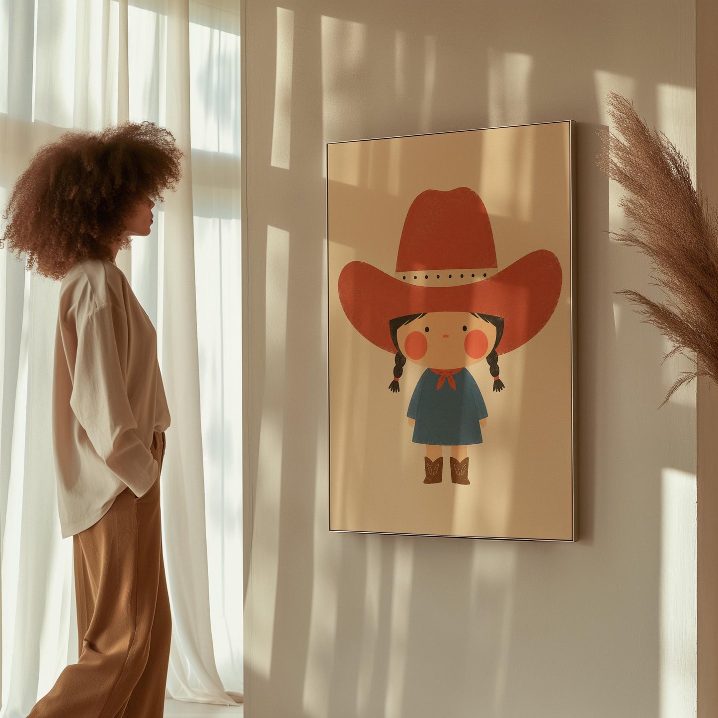 Little cowgirl with braids and rosy cheeks under an oversized red hat, canvas print presented in a light, minimal room