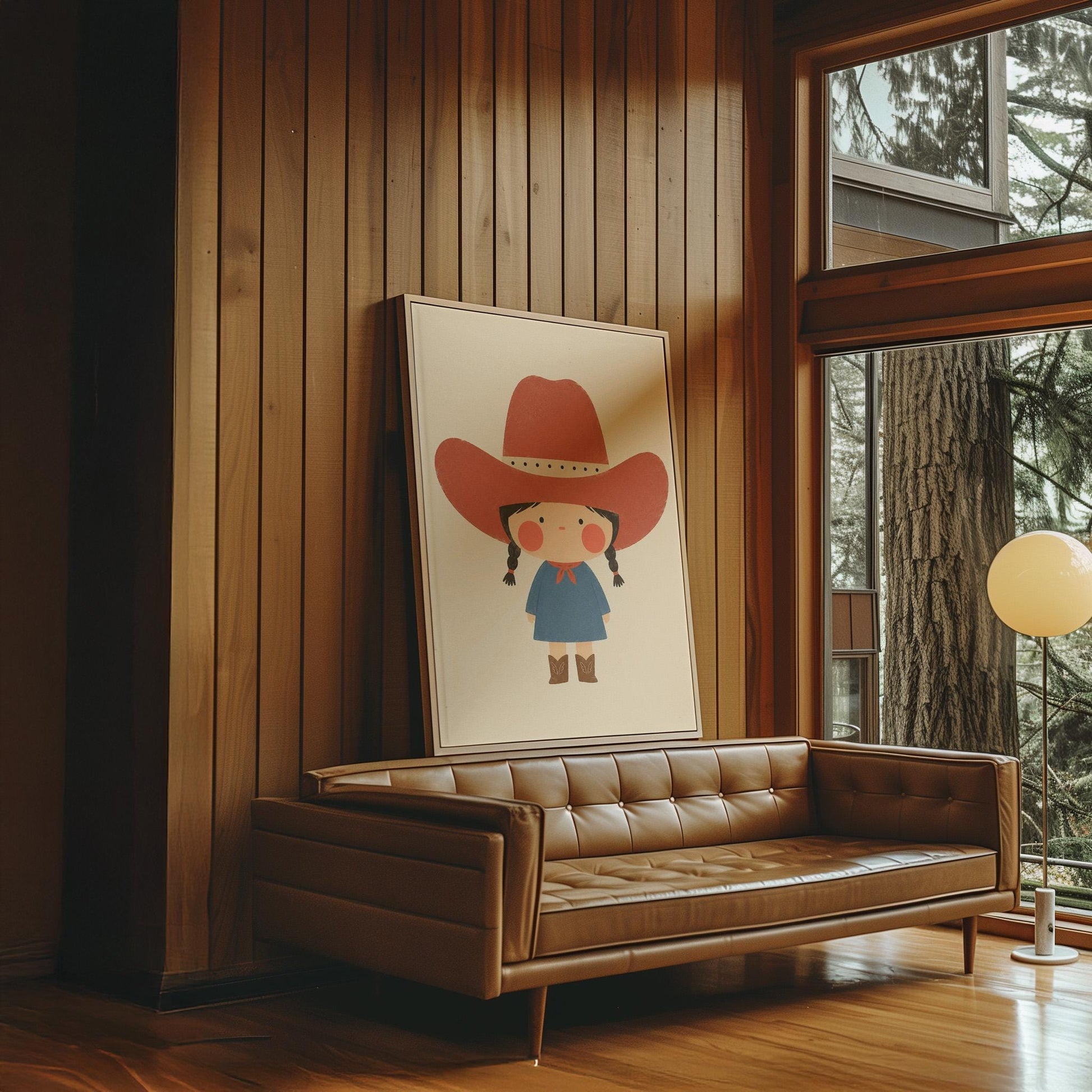 Little cowgirl with braids and rosy cheeks under an oversized red hat, canvas print on a quiet wall in a considered interior