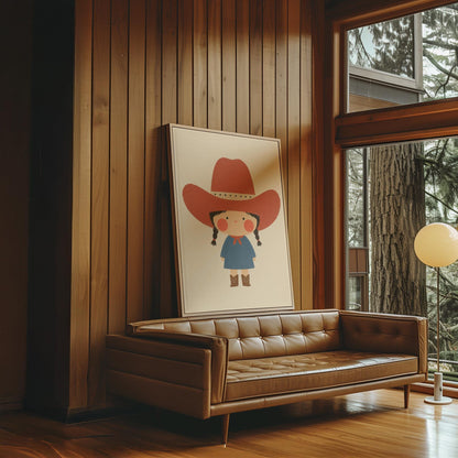 Little cowgirl with braids and rosy cheeks under an oversized red hat, canvas print on a quiet wall in a considered interior