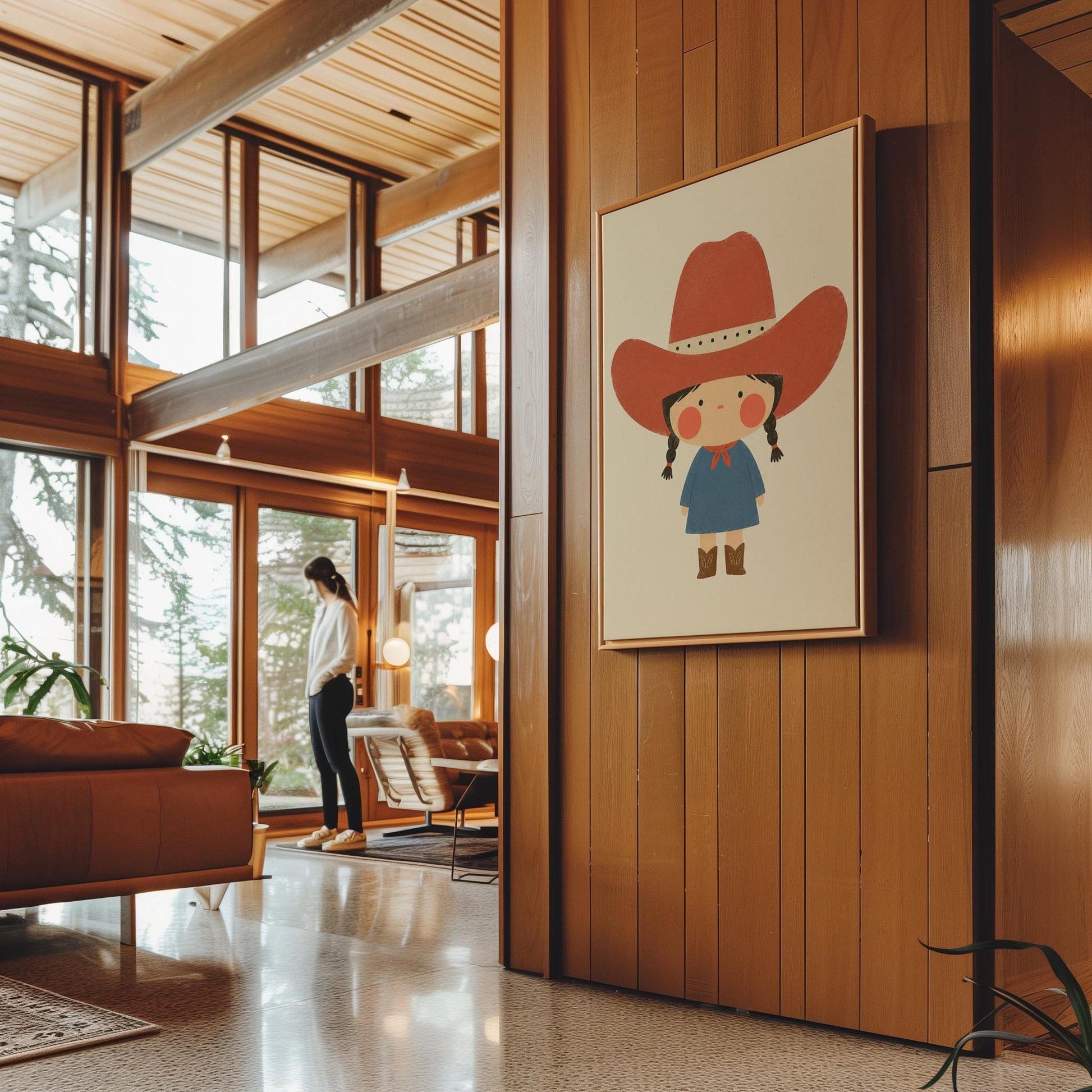 Little cowgirl with braids and rosy cheeks under an oversized red hat, canvas wall art styled against a soft white wall
