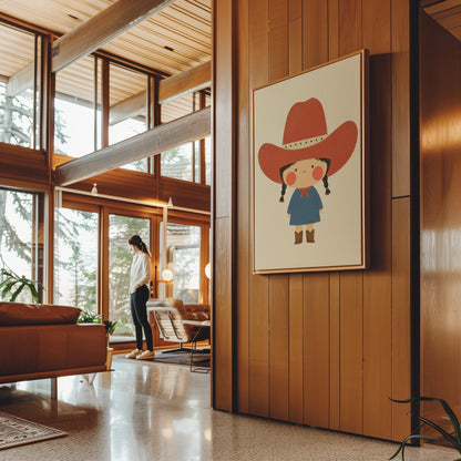 Little cowgirl with braids and rosy cheeks under an oversized red hat, canvas wall art styled against a soft white wall