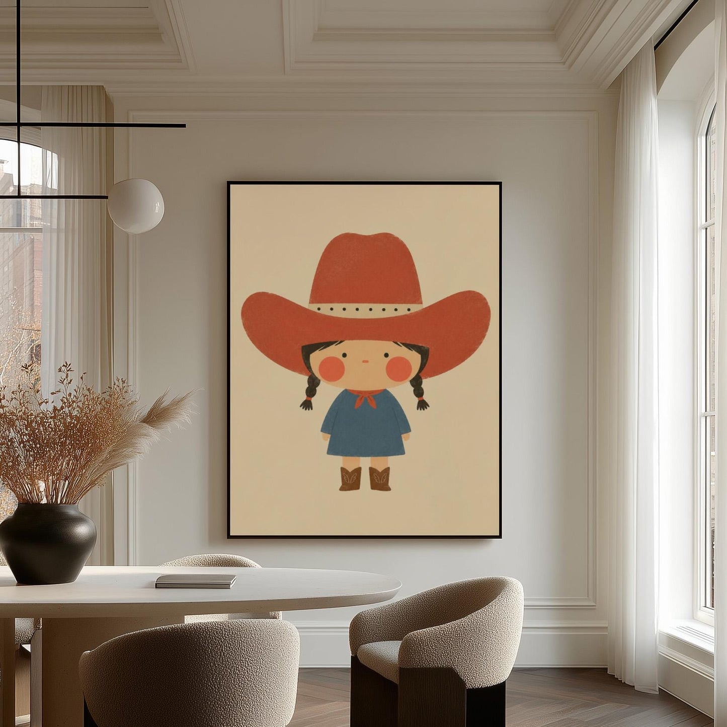 Little cowgirl with braids and rosy cheeks under an oversized red hat, canvas wall art seen in a warm interior with natural light