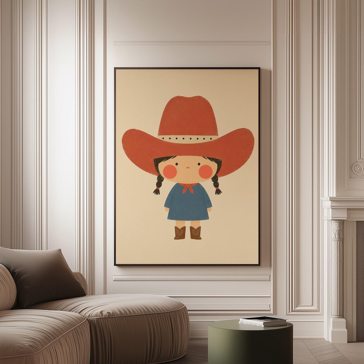 Little cowgirl with braids and rosy cheeks under an oversized red hat, canvas print on a softly lit wall in a calm interior
