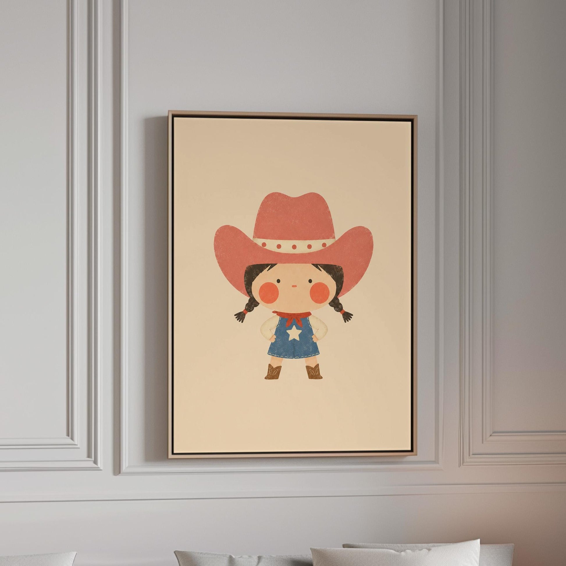 Small cowgirl in a star dress and coral hat with hands on hips, canvas print in a bright room with natural daylight