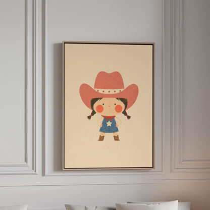Small cowgirl in a star dress and coral hat with hands on hips, canvas print in a bright room with natural daylight