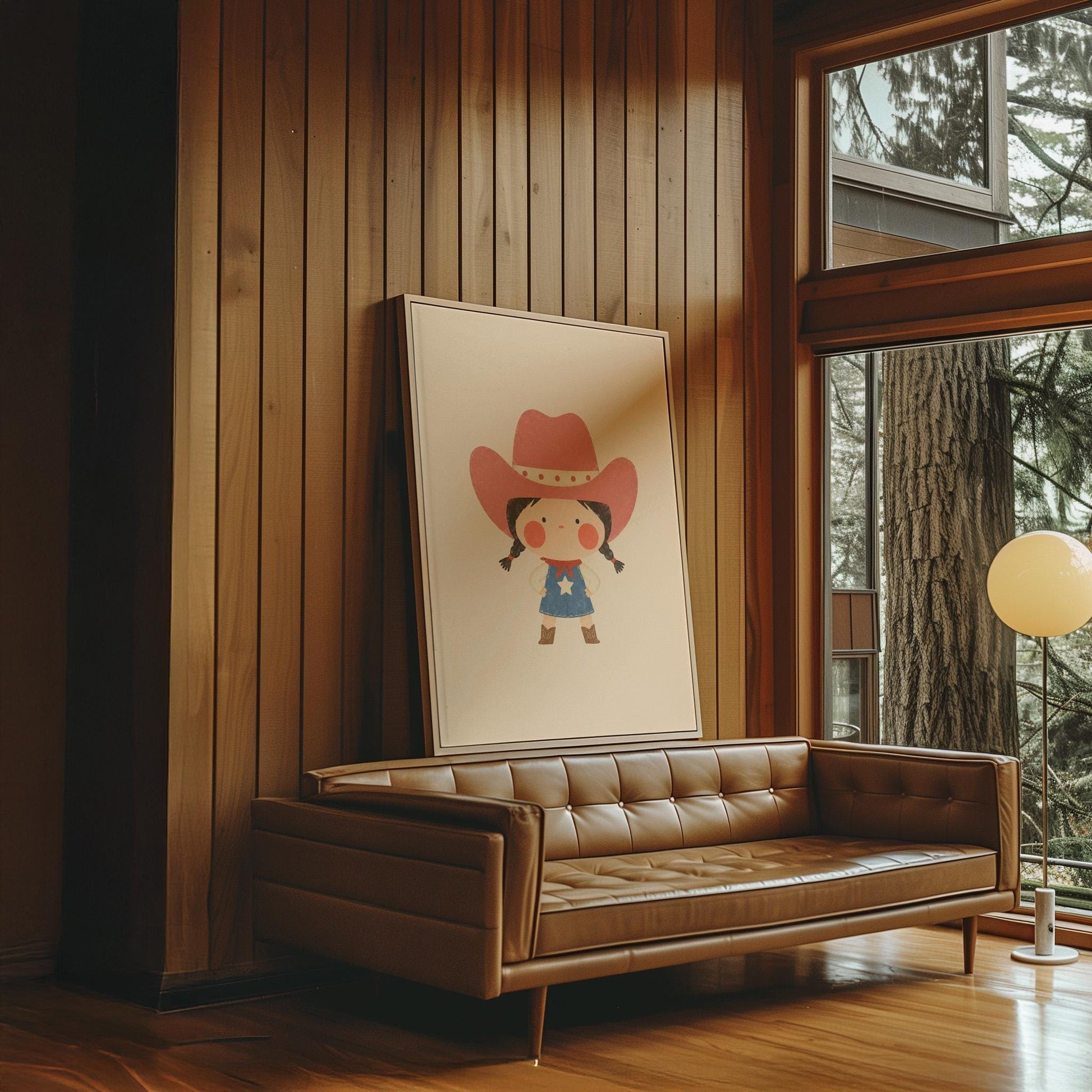 Small cowgirl in a star dress and coral hat with hands on hips, canvas print hanging in a calm, modern living space