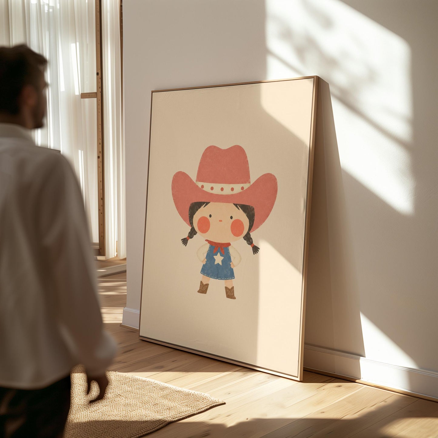 Small cowgirl in a star dress and coral hat with hands on hips, canvas print presented in a light, minimal room