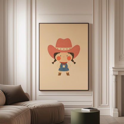 Small cowgirl in a star dress and coral hat with hands on hips, canvas print on a softly lit wall in a calm interior