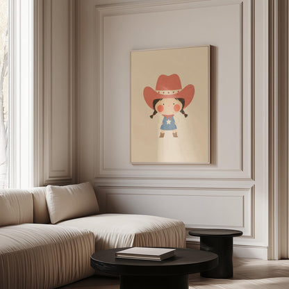 Small cowgirl in a star dress and coral hat with hands on hips, canvas wall art seen in a warm interior with natural light