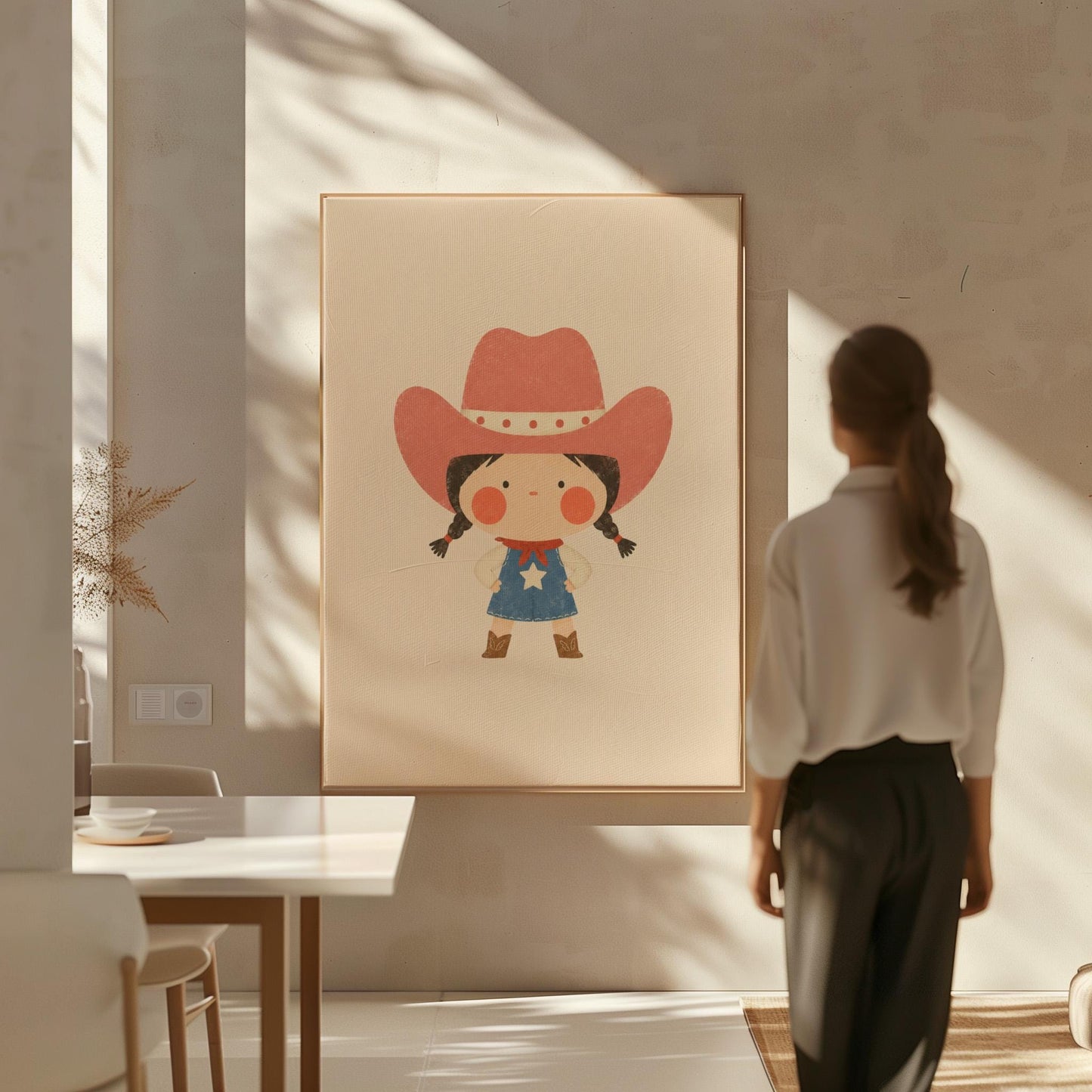 Small cowgirl in a star dress and coral hat with hands on hips, canvas wall art presented in a light, minimal room
